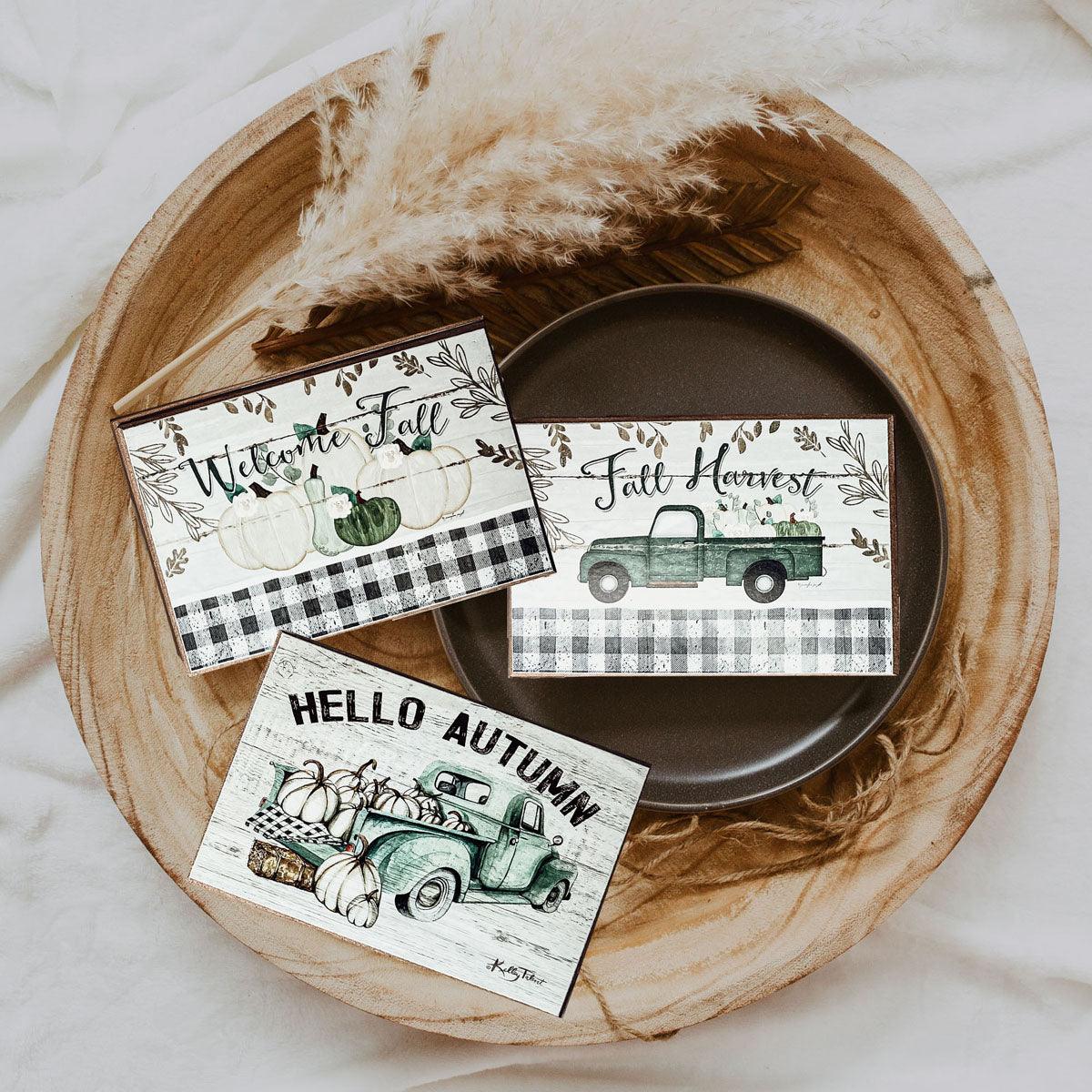 Assorted fall greeting cards with welcome pumpkins and green truck designs