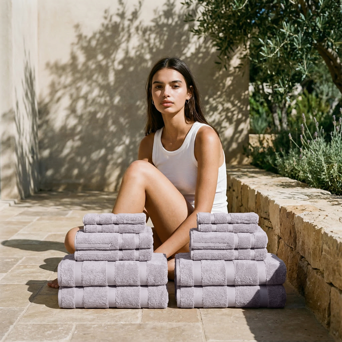 Stack of light lavender cotton towels with banded striped pattern