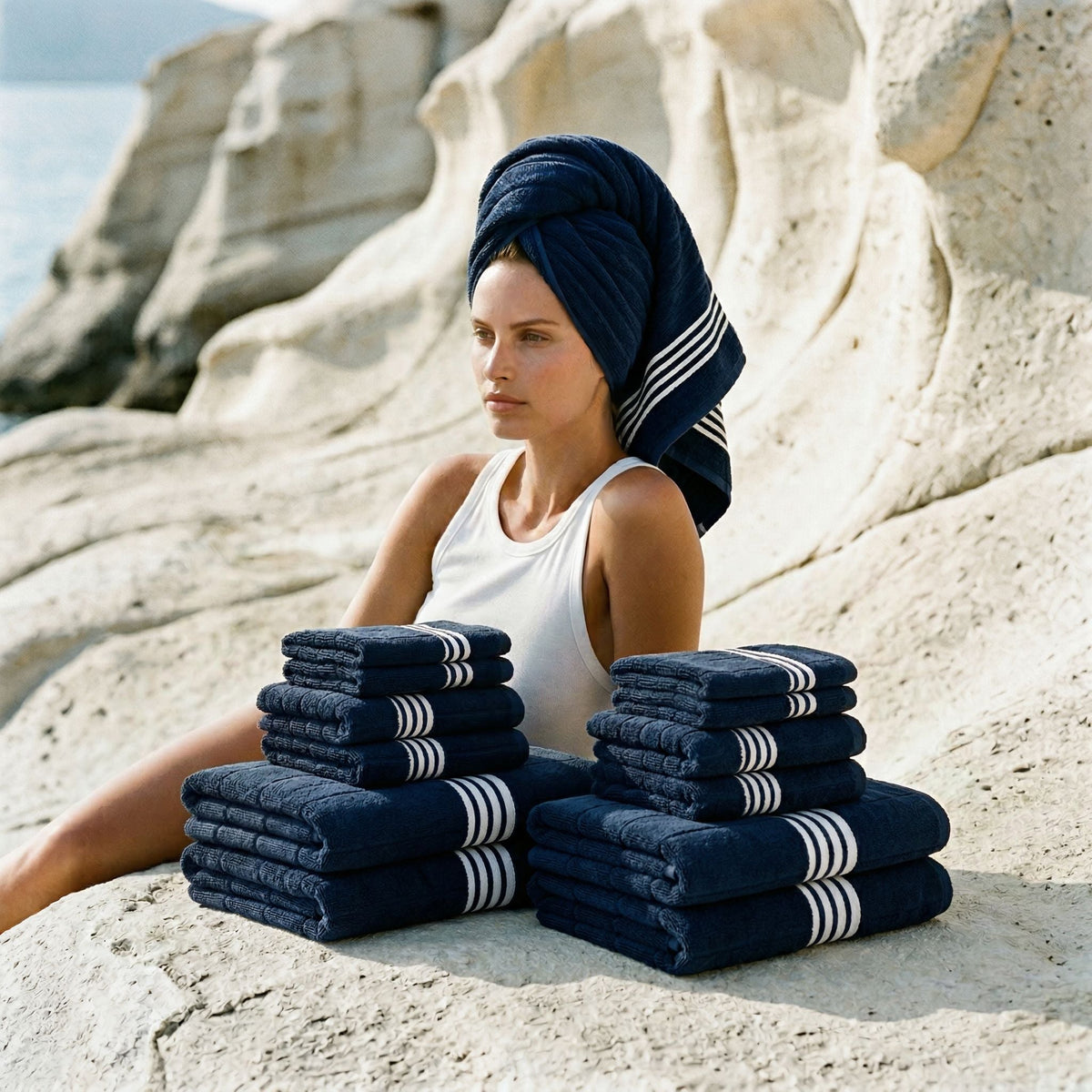 Navy Australian cotton towels with white striped borders, held by person