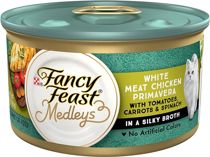 Fancy Feast Medleys wet cat food can, white meat chicken primavera in broth