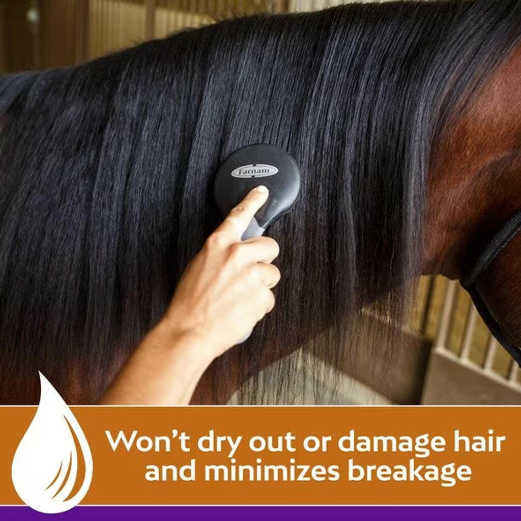 Hand applying Vetrolin coat polish spray to dark horse mane and neck