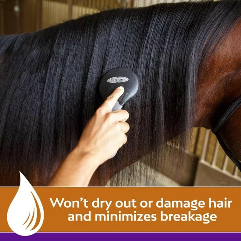 Coat polish spray for horses and dogs, held bottle application on dark horse mane
