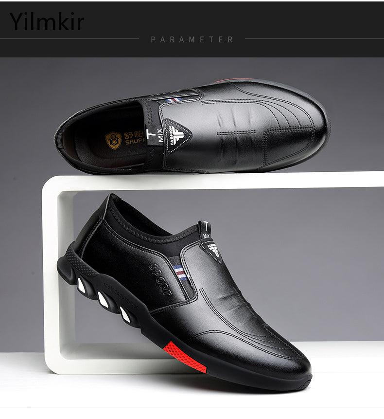 Men's black slip-on leather shoes with side zipper-style panel and red-accent sole