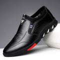 Men's black slip-on casual shoes with cushioned lining and red-accent side sole