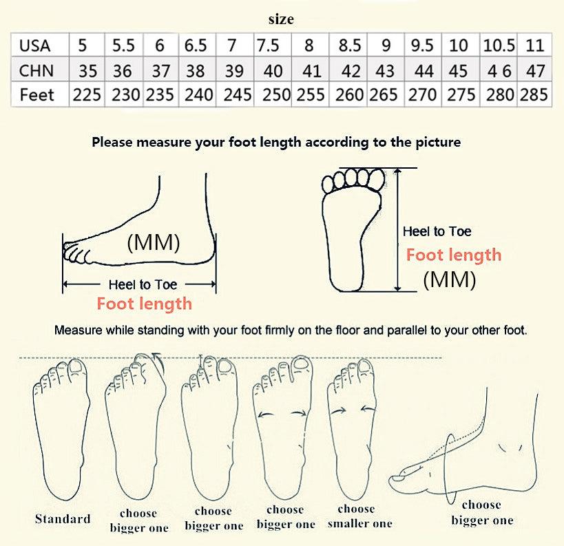 Shoe size chart with foot-length measurement diagram in inches and millimeters
