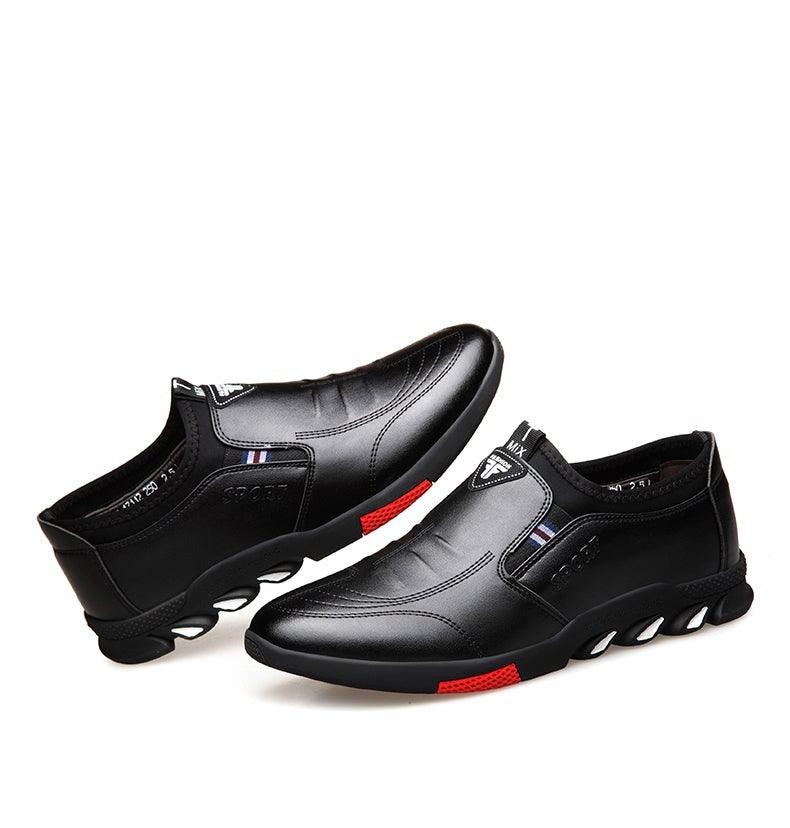 Men's black slip-on casual leather shoes with side gore and red-accent outsole