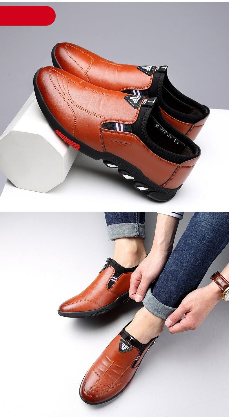Orange leather slip-on sneakers worn with jeans, featuring cushioned non-slip outsole