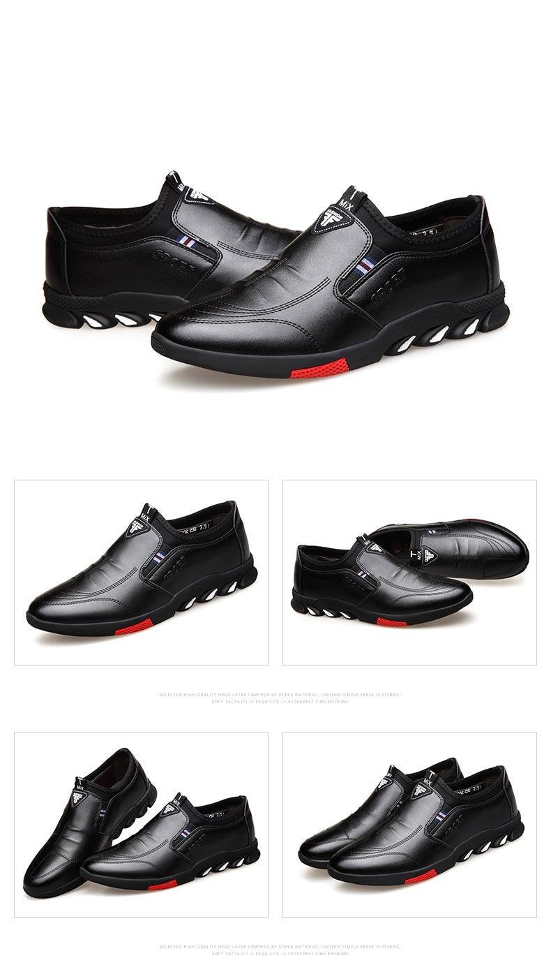 Men's black slip-on loafers with stitched upper and red stripe on the outsole