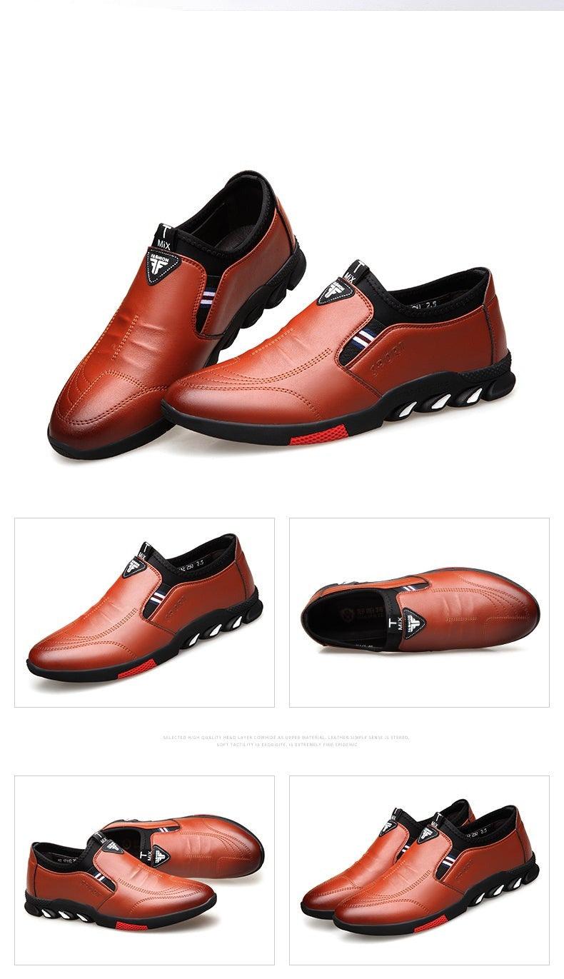 Men's brown slip-on casual leather shoes with black lining and red-accent sole