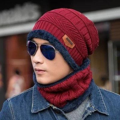 Men's burgundy knit beanie with red and dark blue hooded neck warmer, leather patch