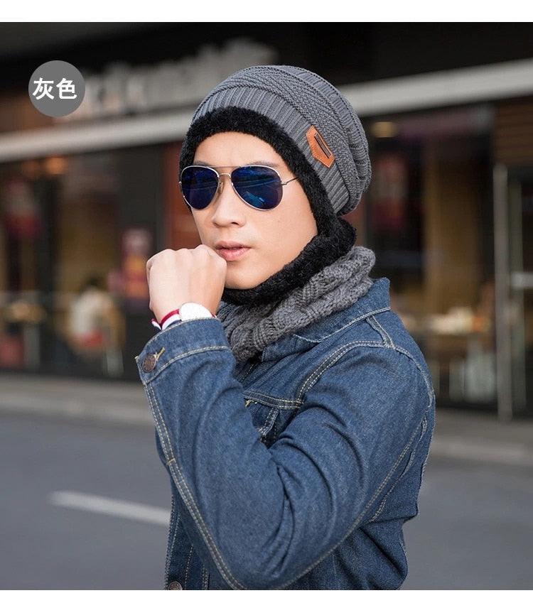 Gray knitted beanie with faux-fur lining and dark gray neck warmer set