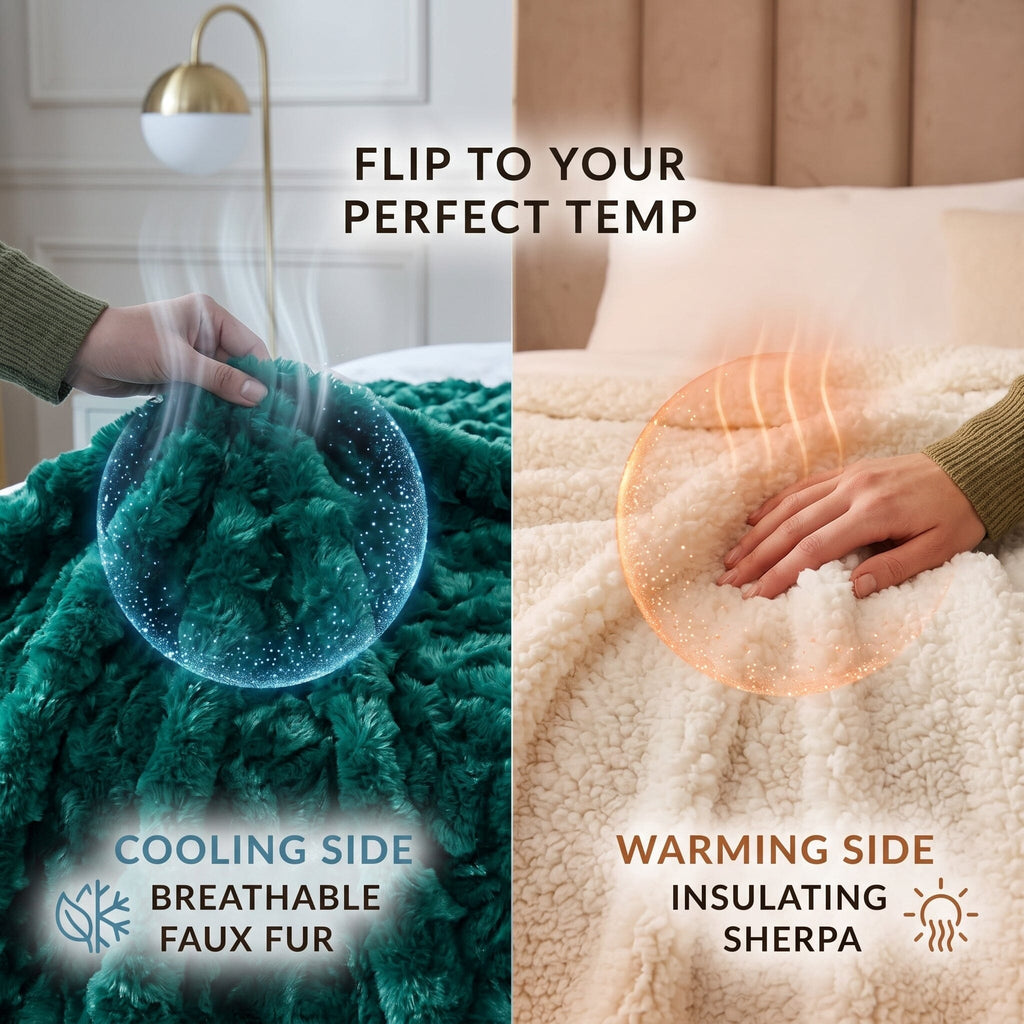 Reversible faux fur sherpa throw blanket showing teal faux fur and white warming sherpa side