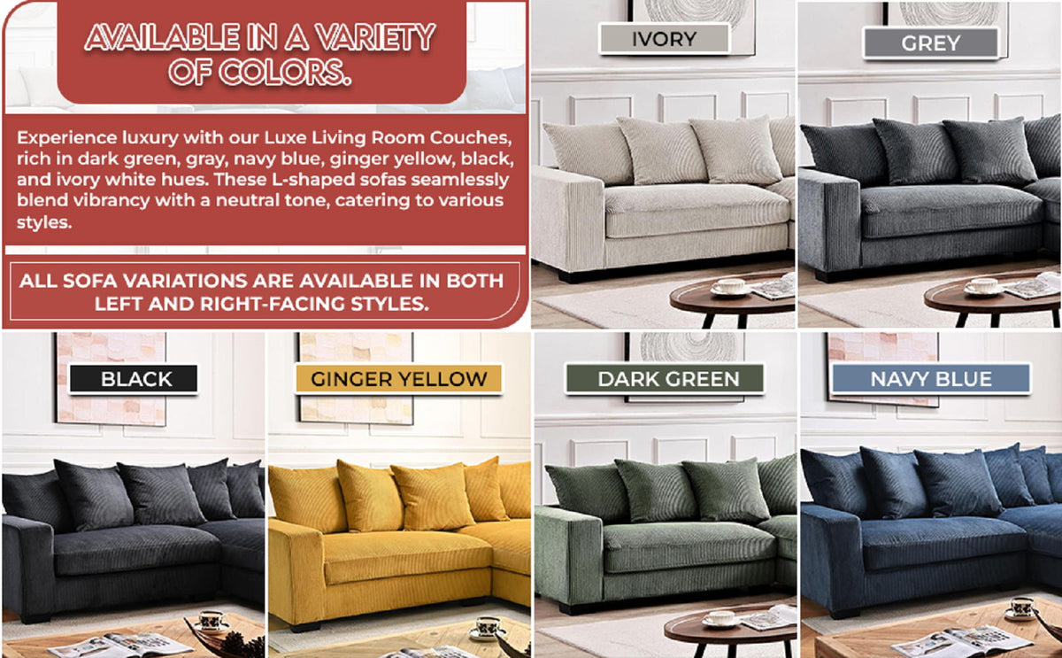 Sectional sofa color lineup showing multiple upholstery shades and styles