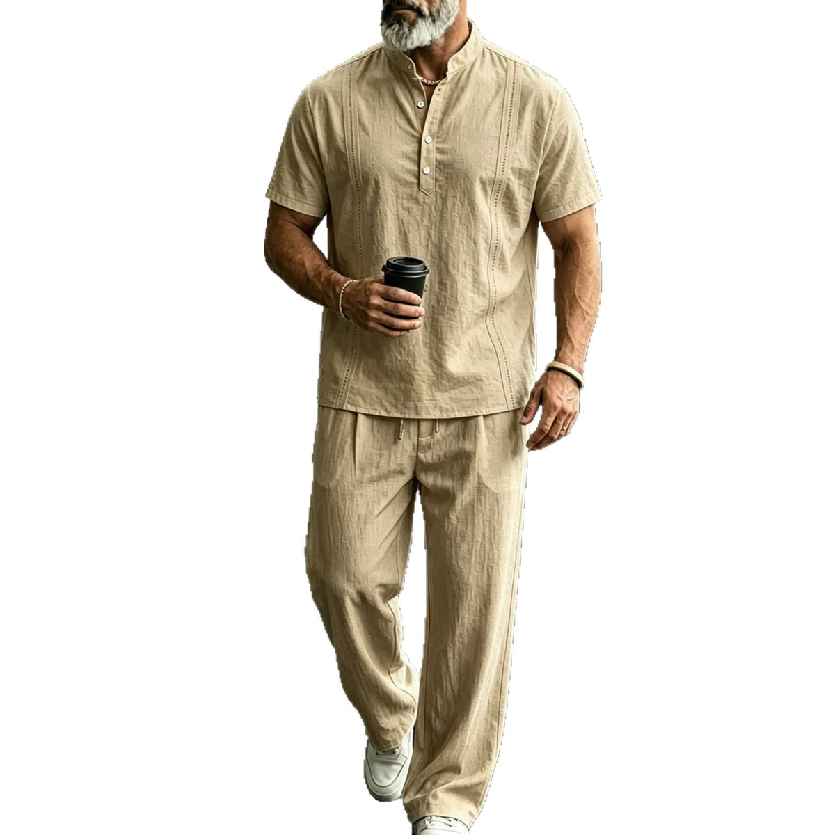 Khaki short-sleeve button shirt with matching straight-leg pants set
