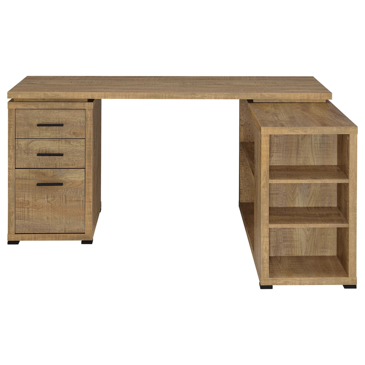 Mango L-shape desk with 3-drawer cabinet on the left and open shelving on the right