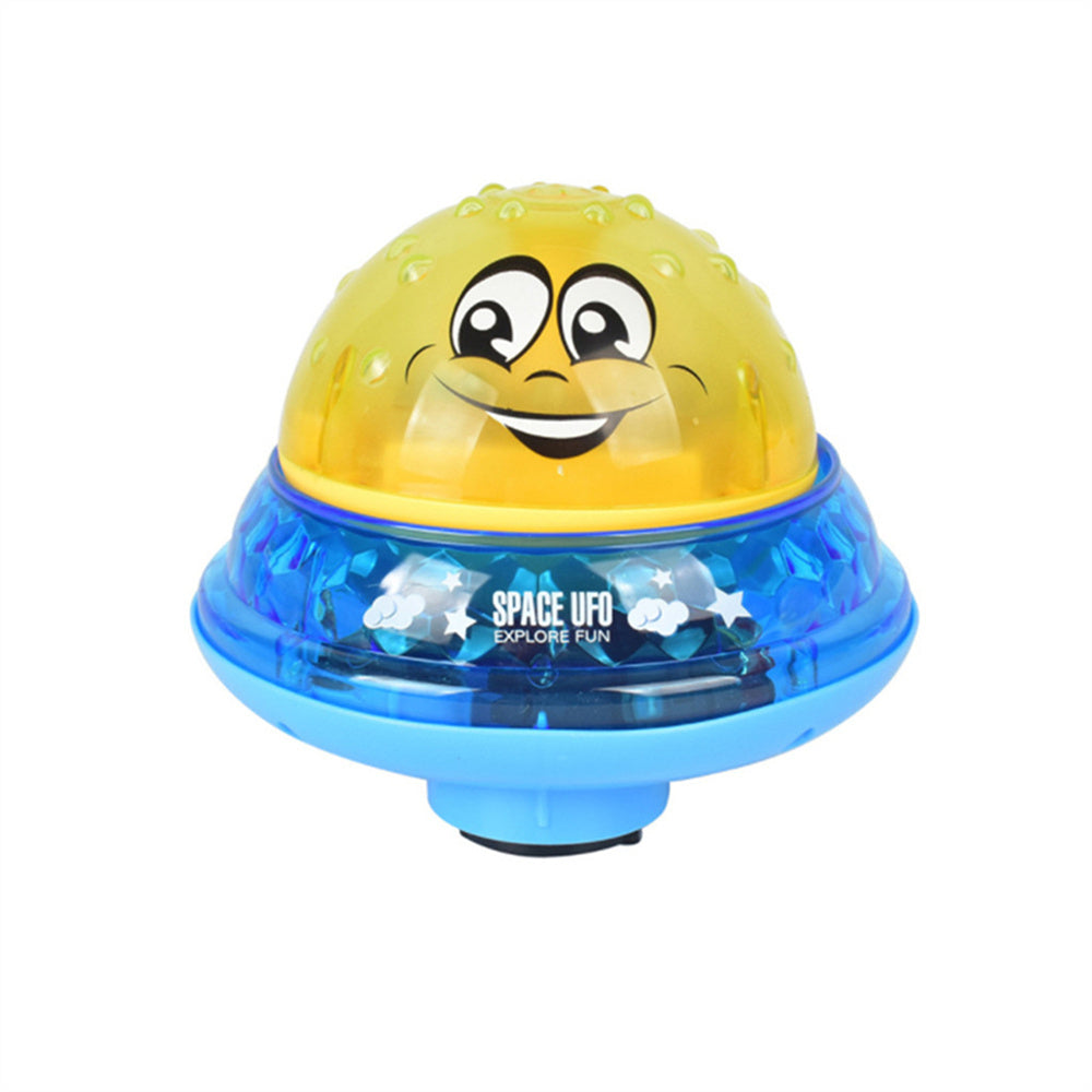 Yellow and blue smiling UFO water sprinkler toy with clear dome and base