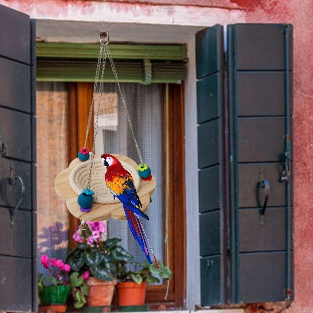 Hanging bird swing with rope basket, wooden platform, chains, colorful beads and bells