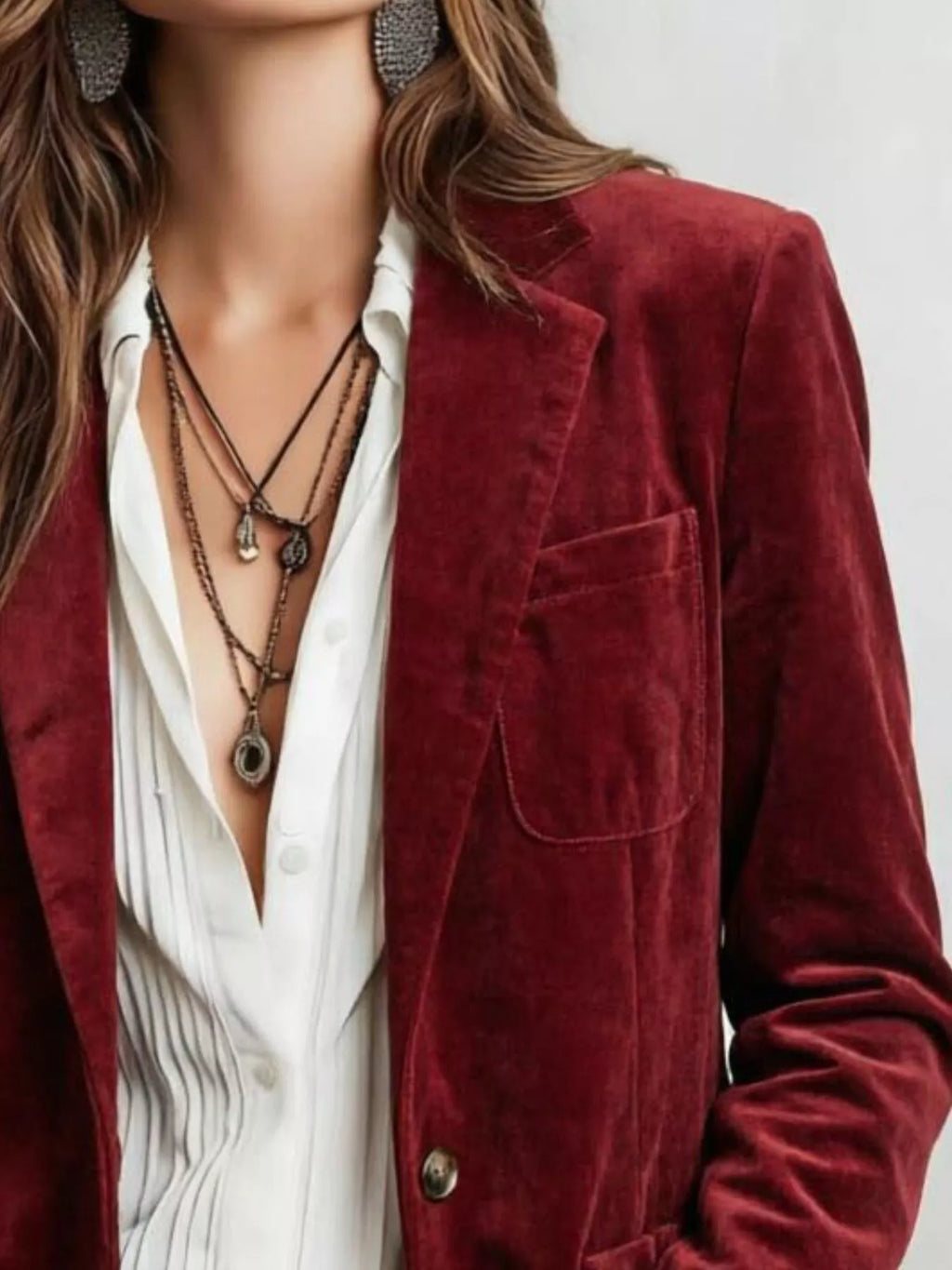 Plus size slim-fit suede long-sleeve blazer in burgundy with chest flap pocket and buttons