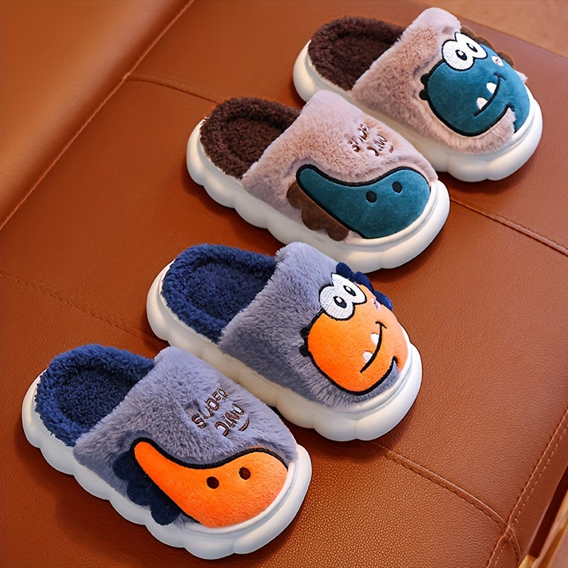 Girls' dinosaur slippers, plush set with dino faces in grey, pink, brown, and dark blue