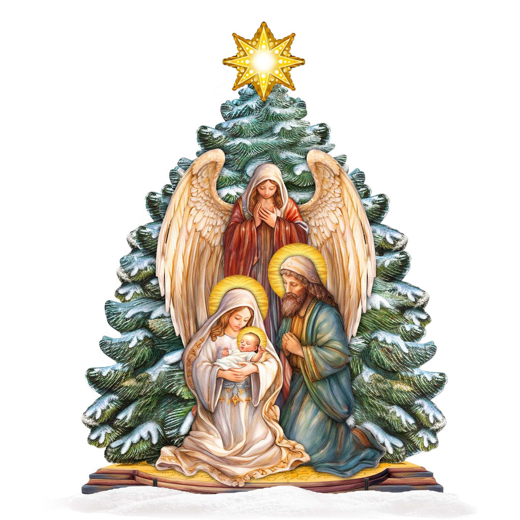 Nativity outdoor decor with Mary holding baby Jesus, Joseph, and angel wings on green tree