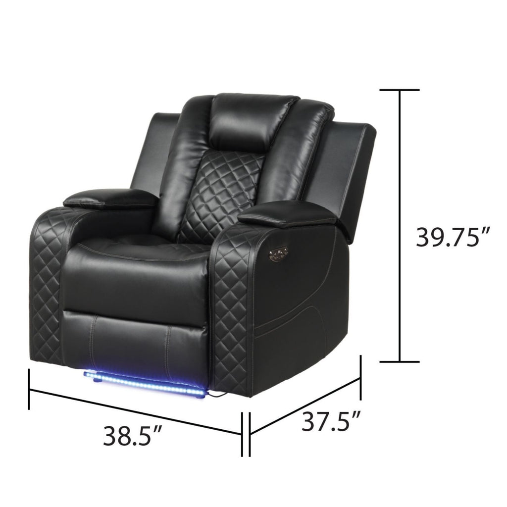 Black LED power recliner chair with quilted arm and headrest
