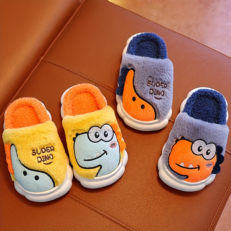 Girls' dinosaur slippers, plush uppers with cartoon dinosaur faces (yellow, orange, grey)