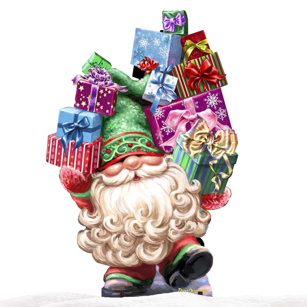 Holiday gnome yard decor holding wrapped gift boxes, green outfit, white curly beard