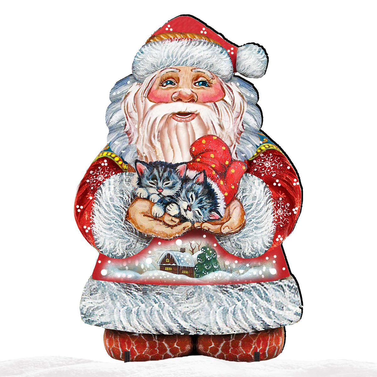 Santa holding a kitten outdoor yard sign, red-and-white suit with snowy wave base