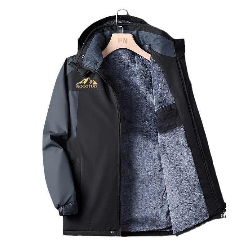 Black waterproof windproof jacket with hood, open front with light gray plush lining