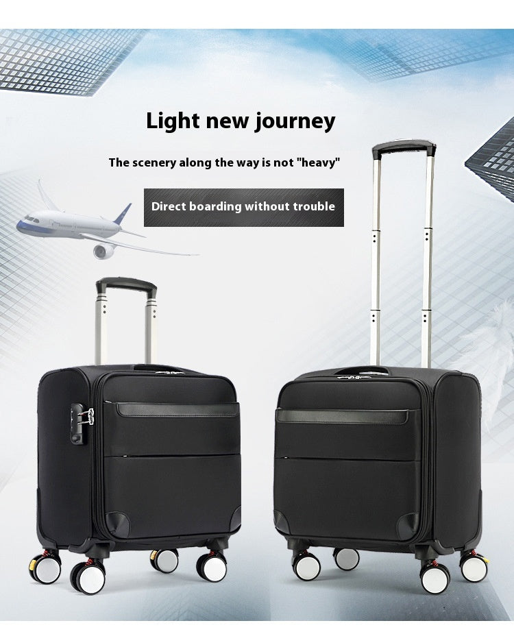 Pair of black rolling boarding suitcases with telescoping handles and four wheels.