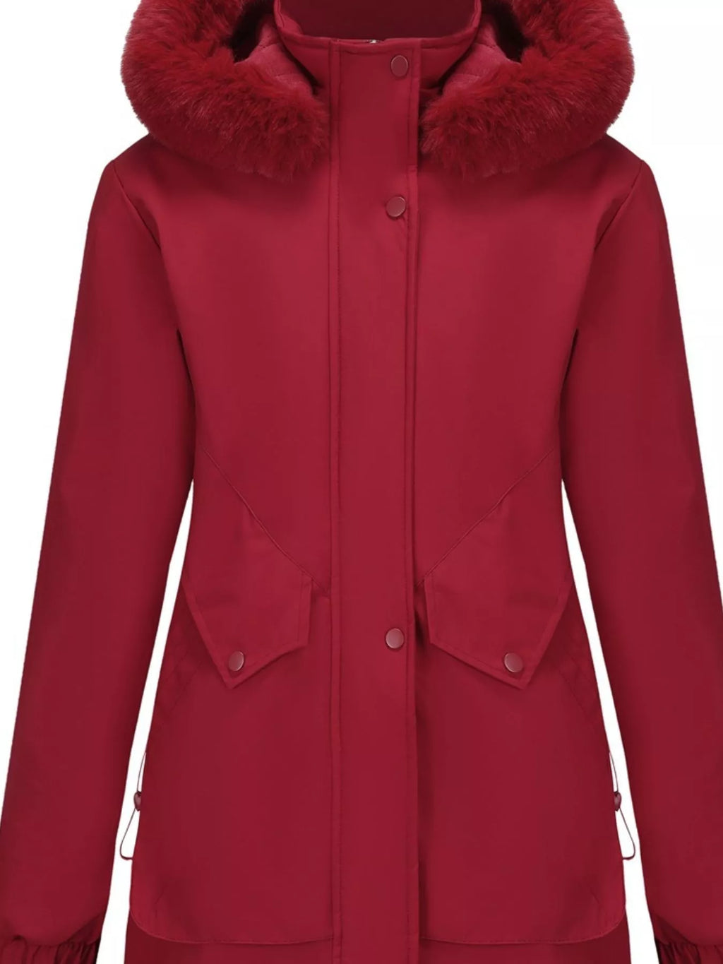 Plus-size winter parka in burgundy with faux-fur trimmed hood and chest pockets