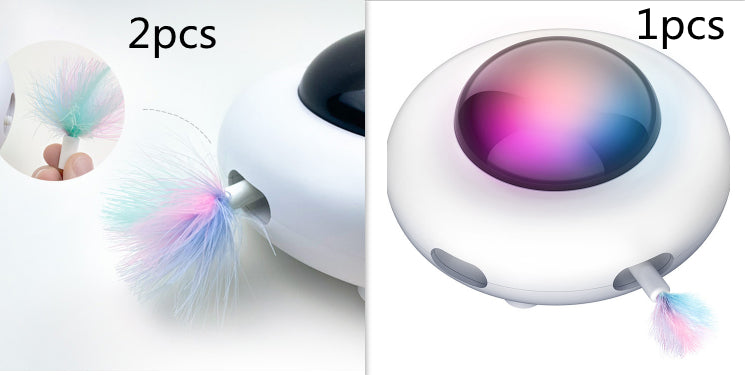 White gravity UFO cat teaser set with one or two feather wands and electric dome