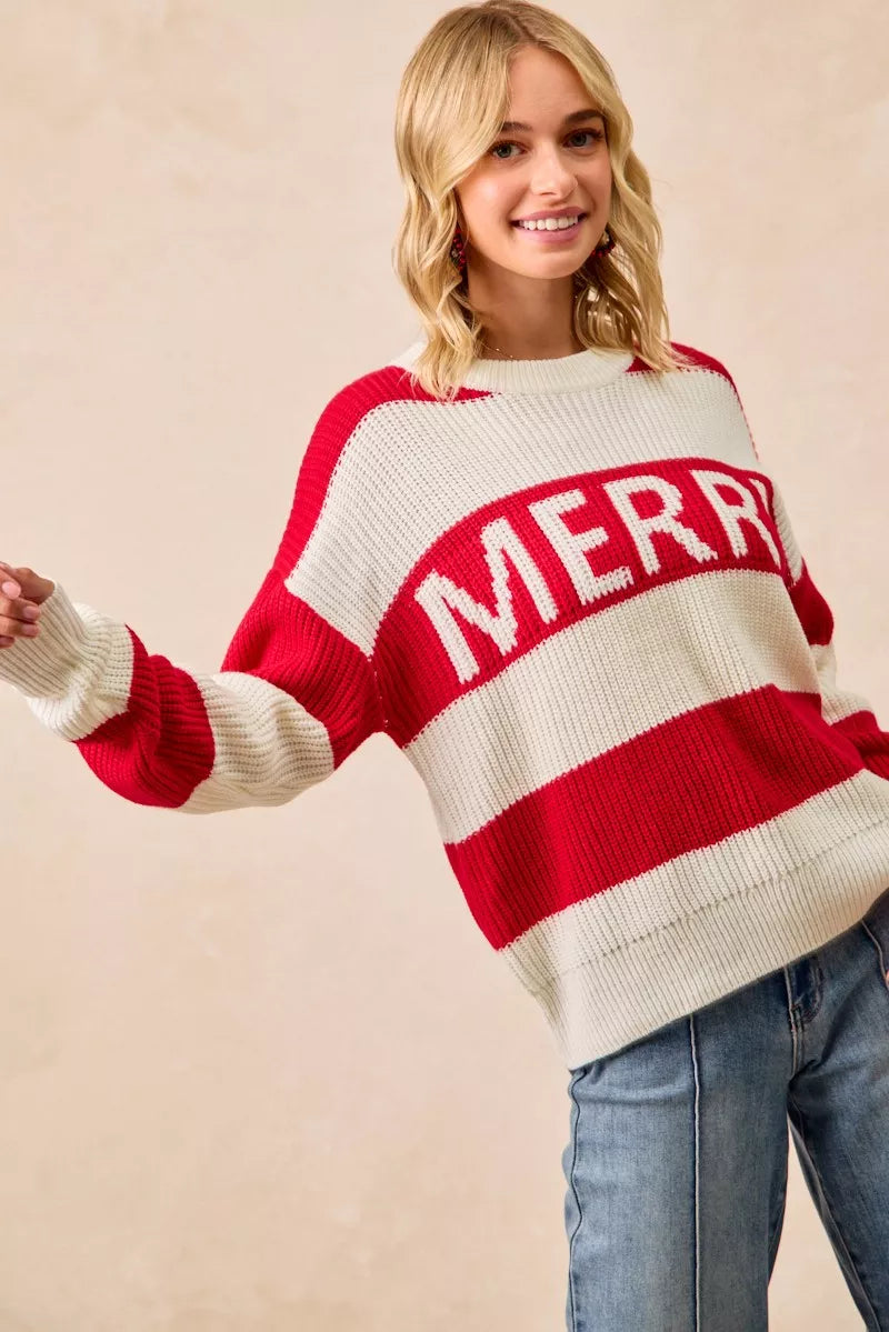 Ivory and red striped sweater with “MERRY” lettering on the chest, crewneck
