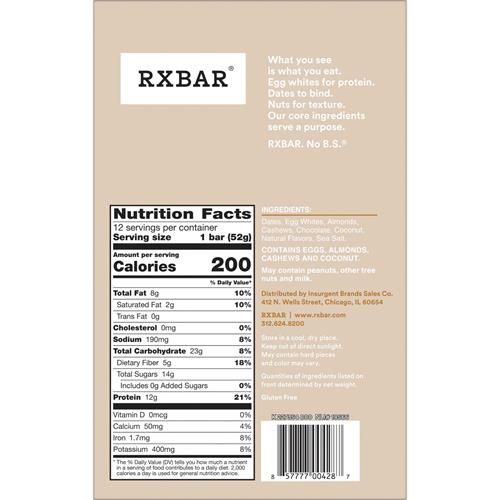 RXBAR Coconut Chocolate box Nutrition Facts and ingredients panel