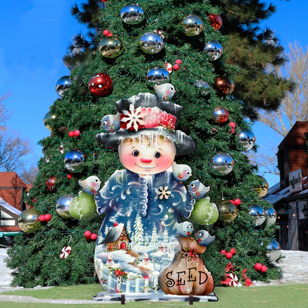 Christmas yard sign snowman with birds and 'SEED' basket, blue coat and hat