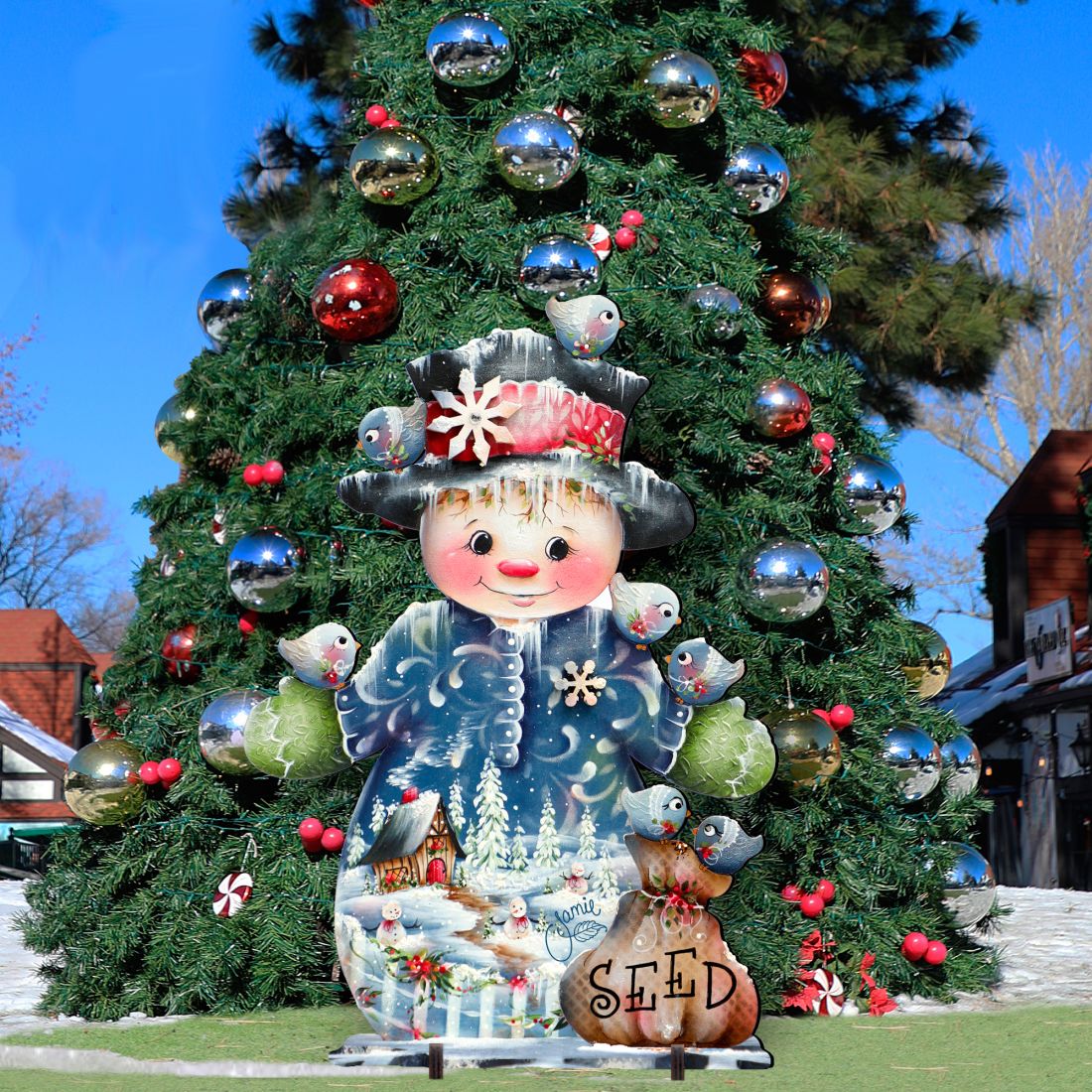 Christmas yard sign snowman with birds and 'SEED' basket, blue coat and hat