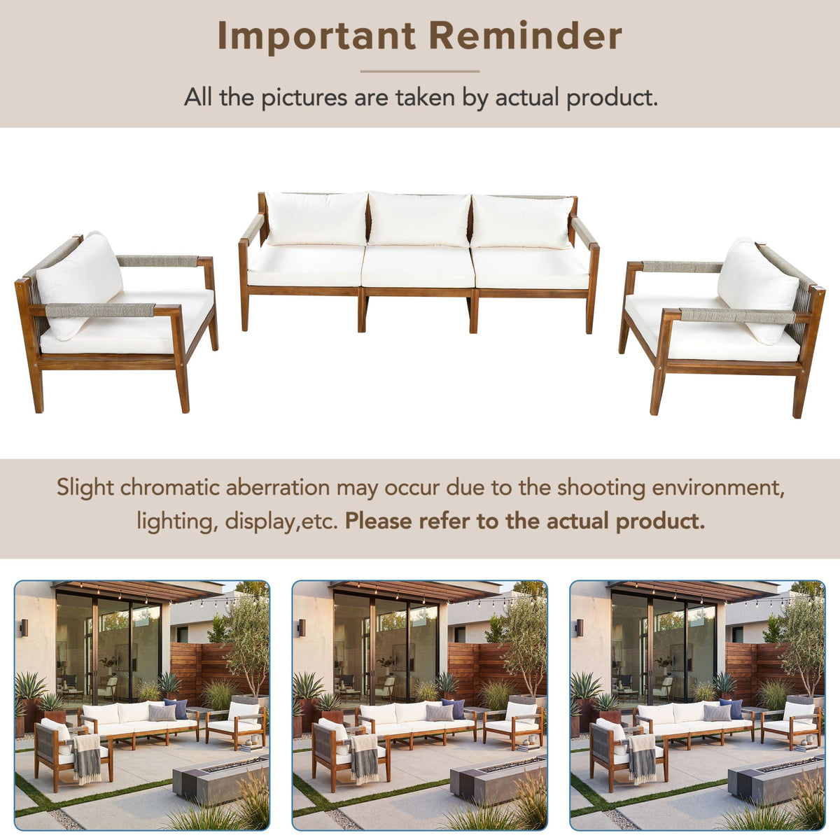 Outdoor sectional sofa set on patio with acacia frame and light beige cushions