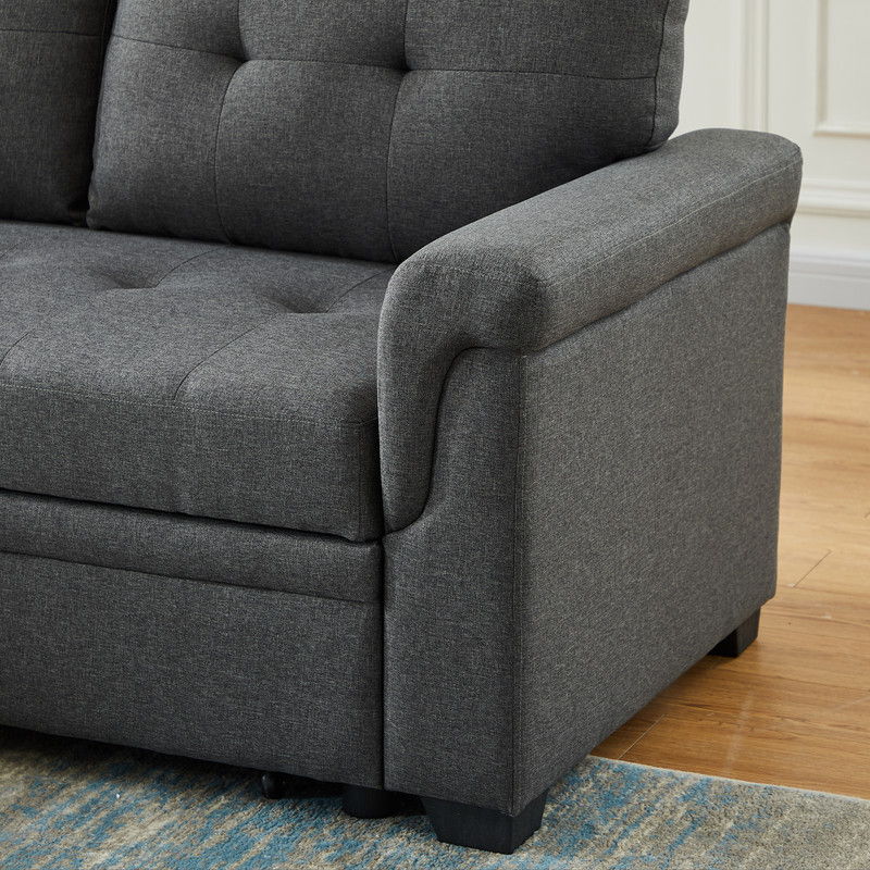 Dark gray sleeper sectional sofa chaise arm with thick padded cushions and tufted backrest