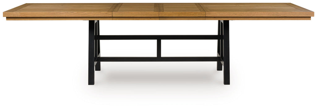Rectangular dining table with brown tabletop and black legs, showing extension seam