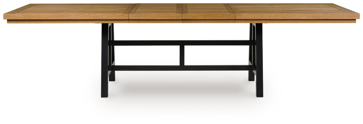 Rectangular dining table with brown tabletop and black legs, showing extension seam