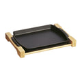 Rectangular enameled cast iron serving dish with handles and wood base, black