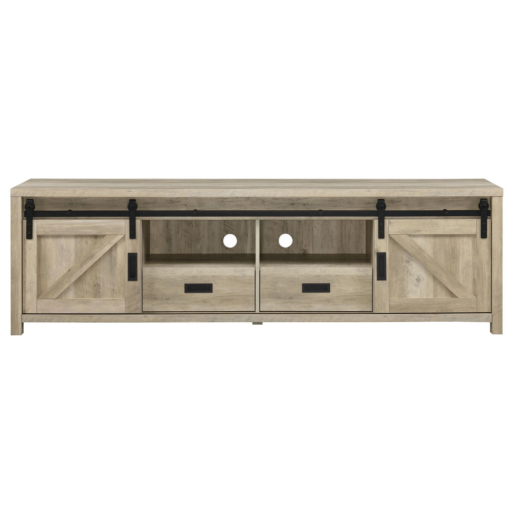Distressed pine TV stand with central drawers and 2 paneled doors, black bar hardware