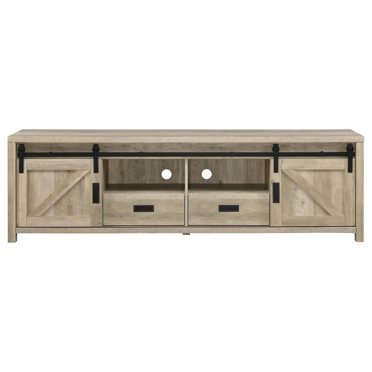 Distressed pine TV stand with central drawers and 2 paneled doors, black bar hardware