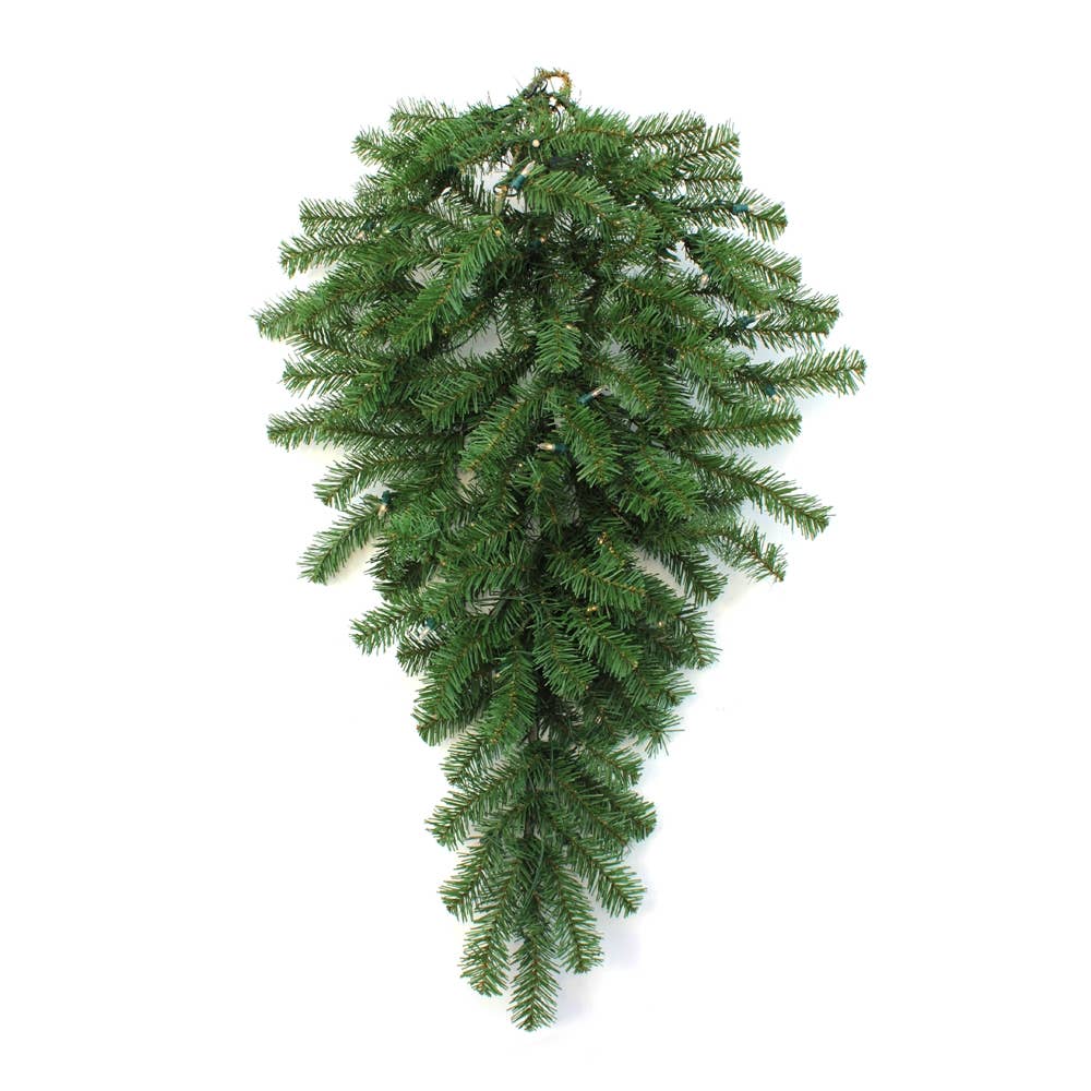 Green artificial fir teardrop Christmas swag with hanging loop, full shape