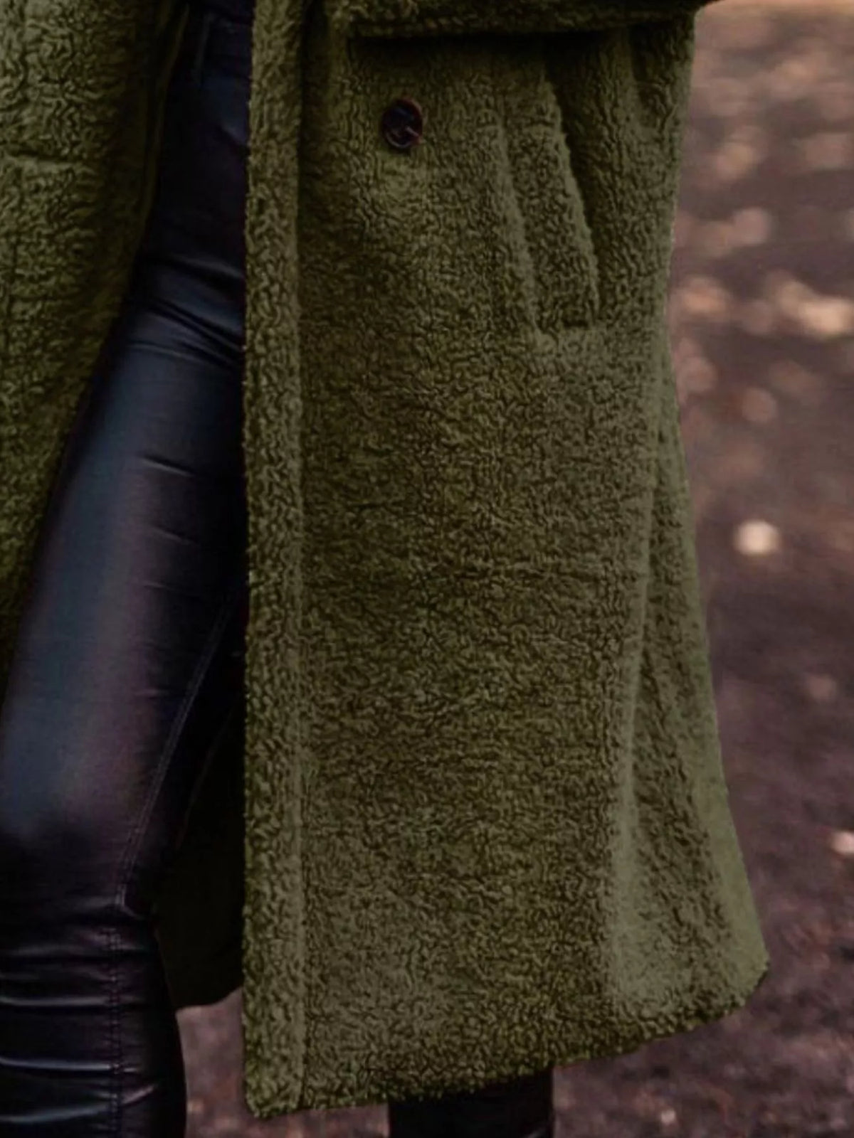 Olive green teddy bear hooded longline outerwear, front view with button closure