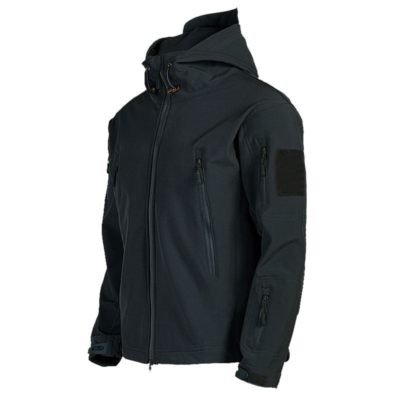Three-in-one all-weather shell jacket in black with zip front and hooded collar