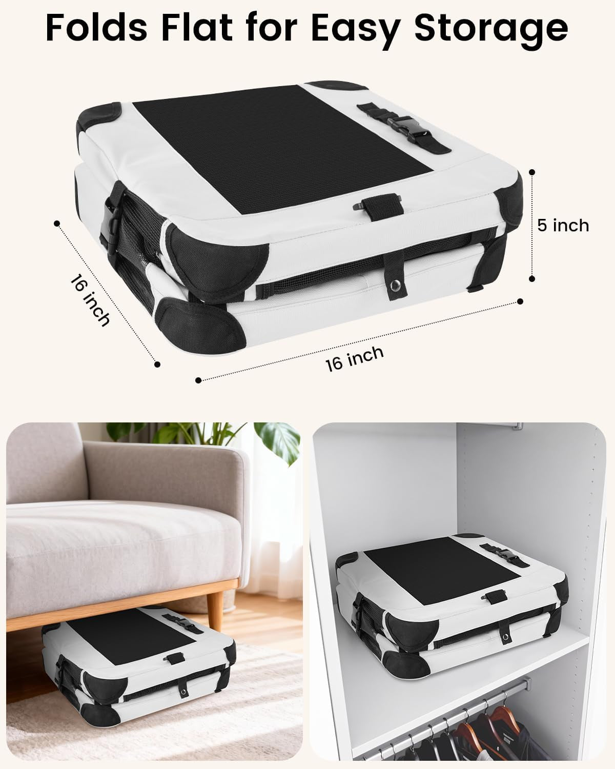 Folds-flat soft-sided pet carrier with black top panel and four corner feet, white and dark gray