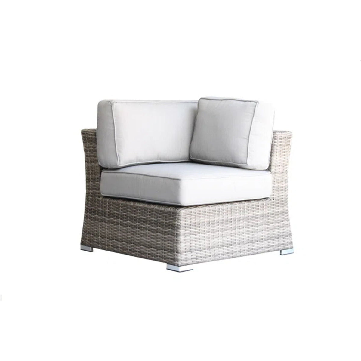Wicker single sectional seat with white and gray cushions