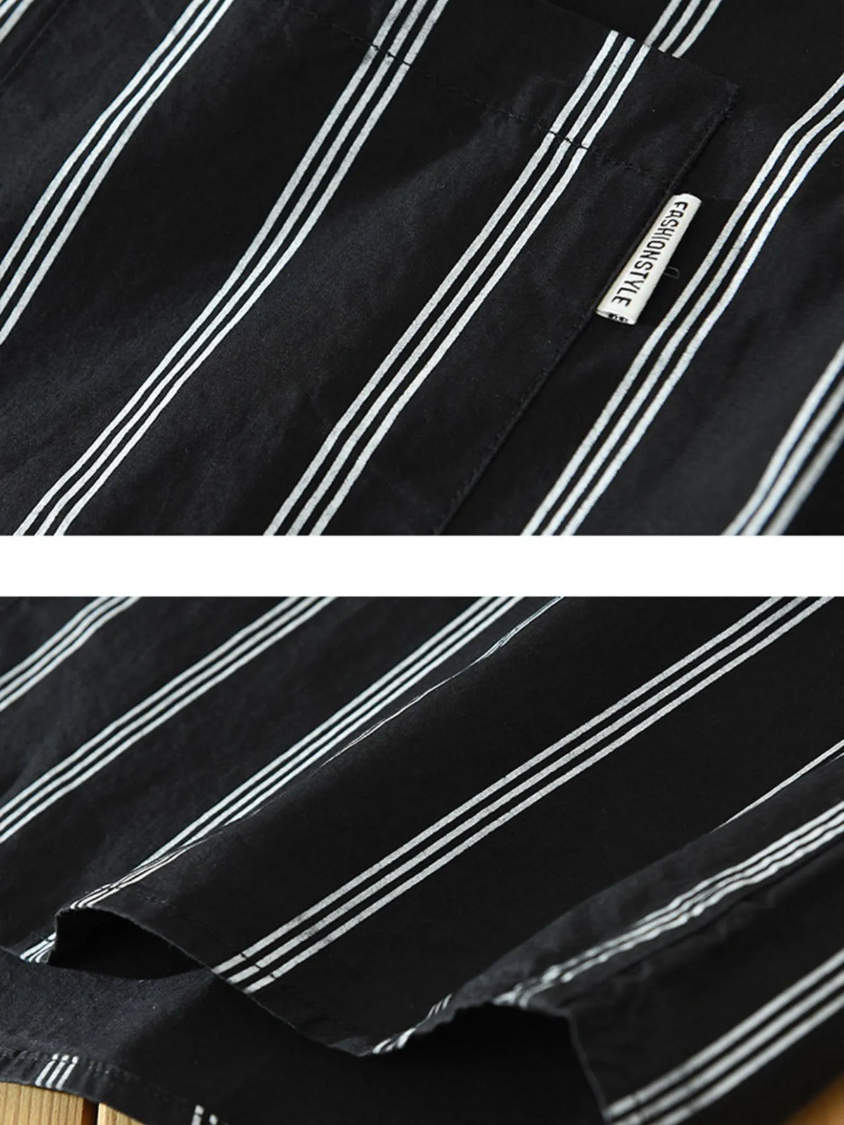 Plus-size striped short-sleeve button-up shirt fabric close-up, dark with white stripes