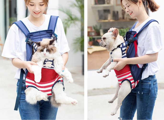 Navy pet carrier backpack with red-and-white striped front panel and front opening